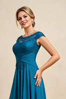 Load image into Gallery viewer, Peacock Blue Chiffon A Line Asymmetrical Mother of the Bride Dress with Lace