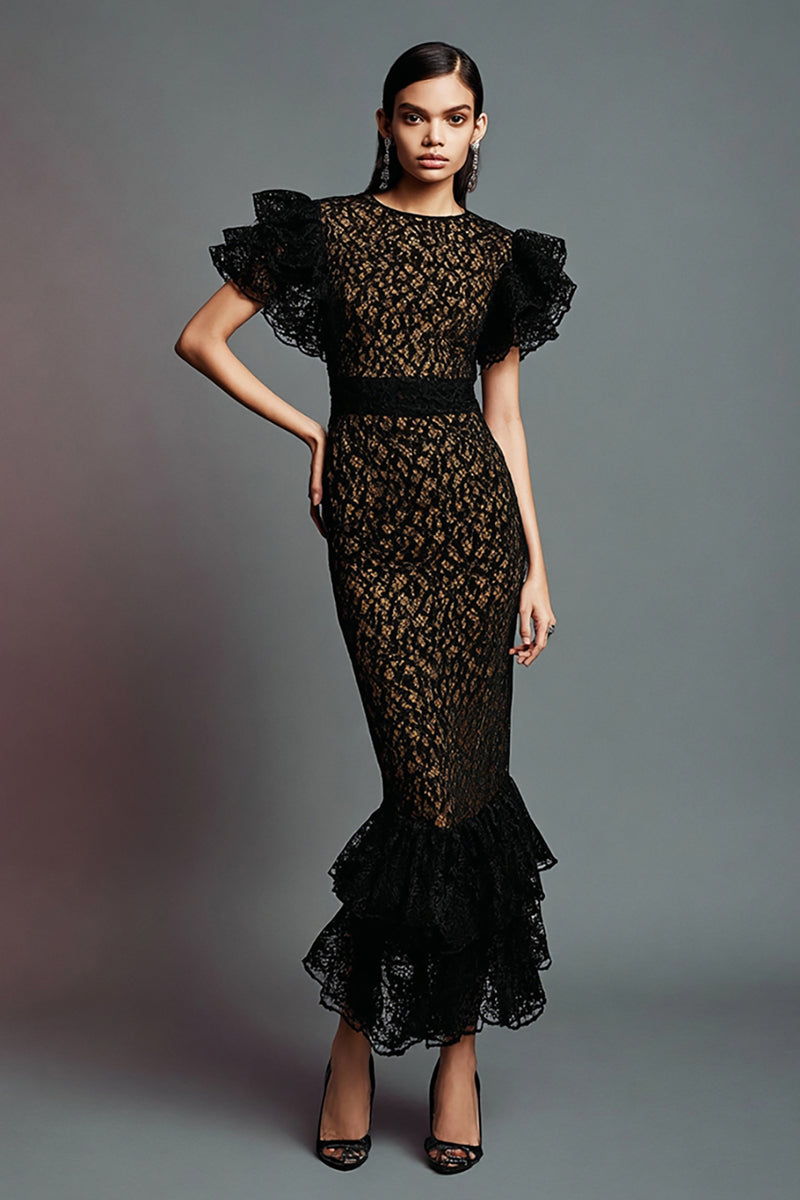 Load image into Gallery viewer, Black Mermaid Jewel Neck Lace Ruffled Long Formal Dress