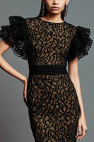 Load image into Gallery viewer, Black Mermaid Jewel Neck Lace Ruffled Long Formal Dress