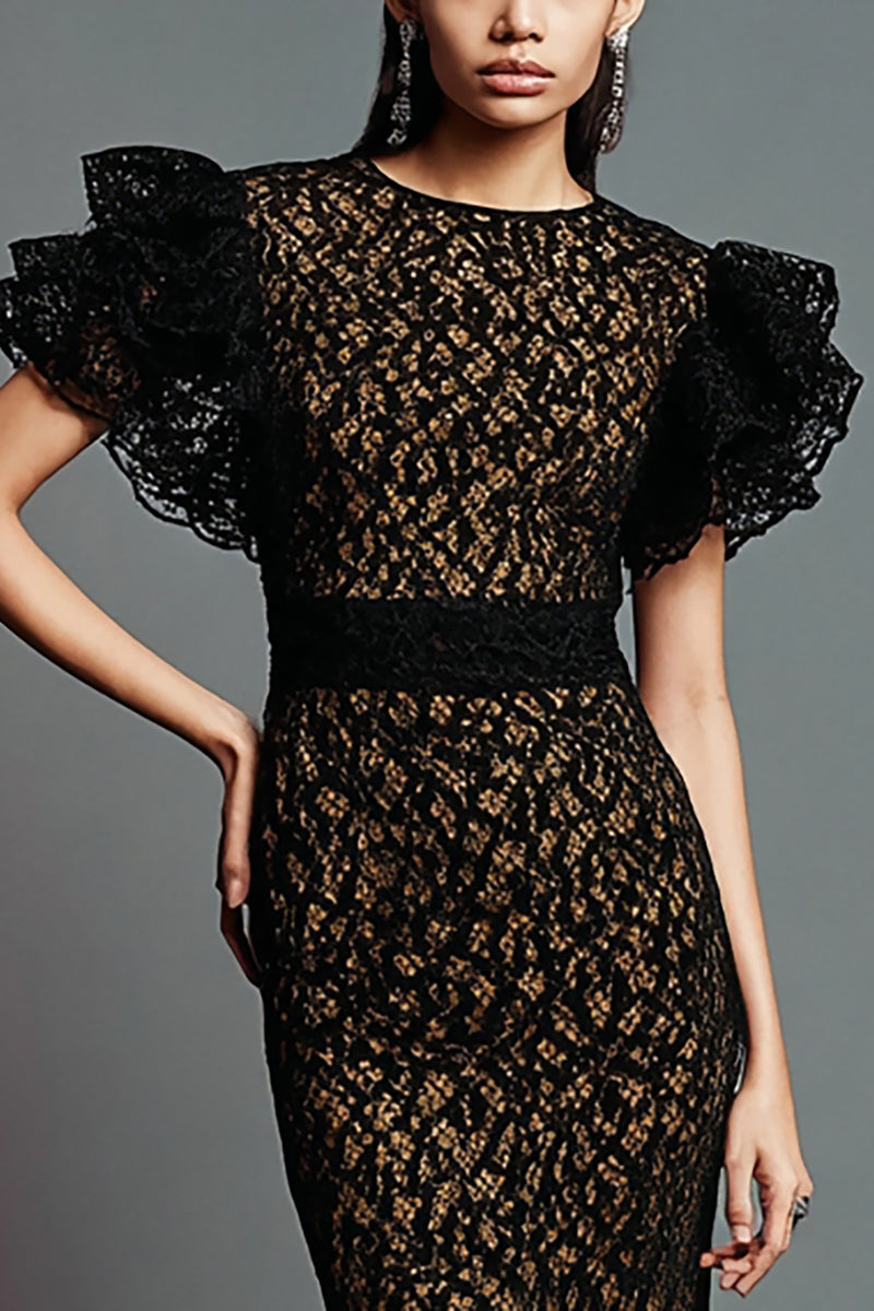 Load image into Gallery viewer, Black Mermaid Jewel Neck Lace Ruffled Long Formal Dress