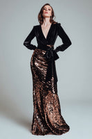 Load image into Gallery viewer, Sparkly Black and Coffee Sheath Sequins Long Holiday Party Dress with Bow