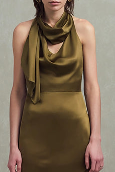 Olive Sheath Satin Neck Scarf Asymmetrical Formal Dress with Ruffles