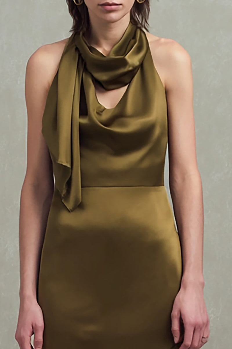 Load image into Gallery viewer, Olive Sheath Satin Neck Scarf Asymmetrical Formal Dress with Ruffles