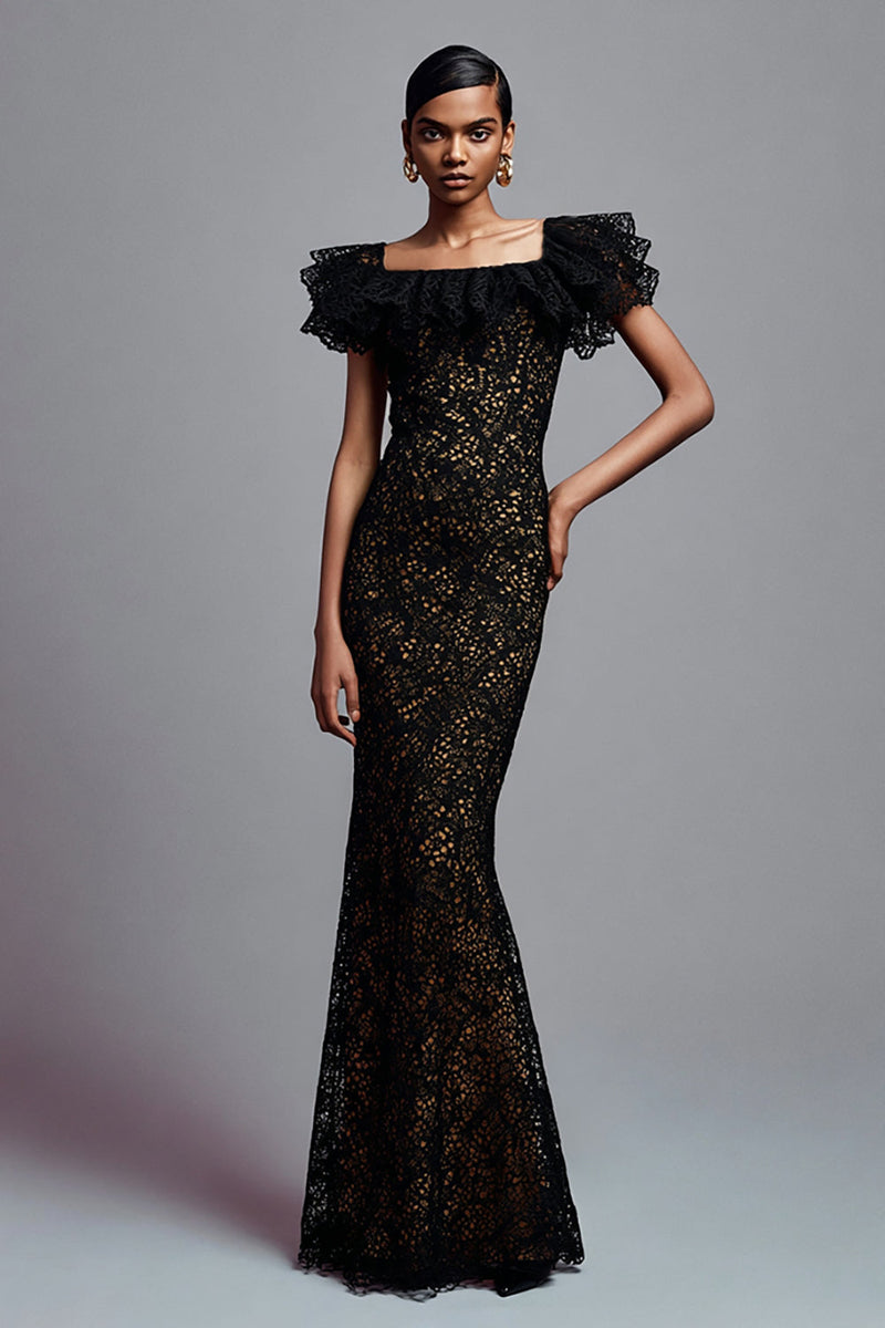 Load image into Gallery viewer, Black Mermaid Ruffled Lace Long Formal Dress with Sleeves