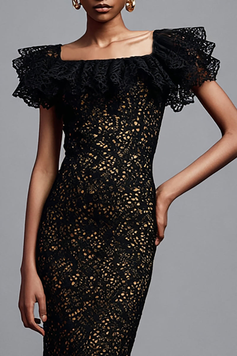 Load image into Gallery viewer, Black Mermaid Ruffled Lace Long Formal Dress with Sleeves