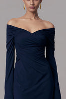 Load image into Gallery viewer, Simple Navy Ruched Mermaid Long Sleeves Formal Dress