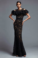 Load image into Gallery viewer, Black Mermaid Cold Shoulder Lace Long Formal Dress with Ruffles