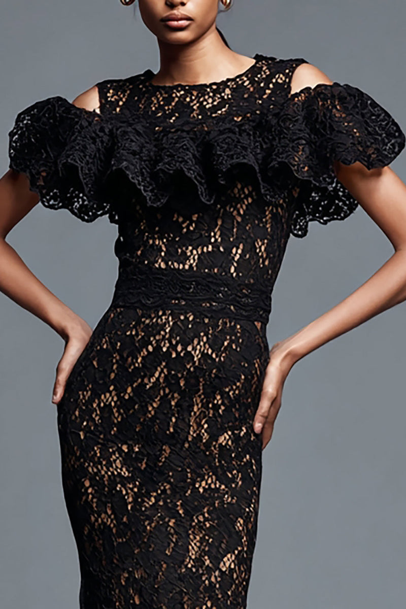Load image into Gallery viewer, Black Mermaid Cold Shoulder Lace Long Formal Dress with Ruffles