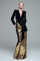Load image into Gallery viewer, Sparkly Black and Gold Long Sleeves Sequins Holiday Party Dress with Bow