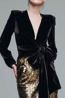 Load image into Gallery viewer, Sparkly Black and Gold Long Sleeves Sequins Holiday Party Dress with Bow
