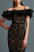 Load image into Gallery viewer, Black Mermaid Off the Shoulder Lace Long Formal Dress with Ruffles
