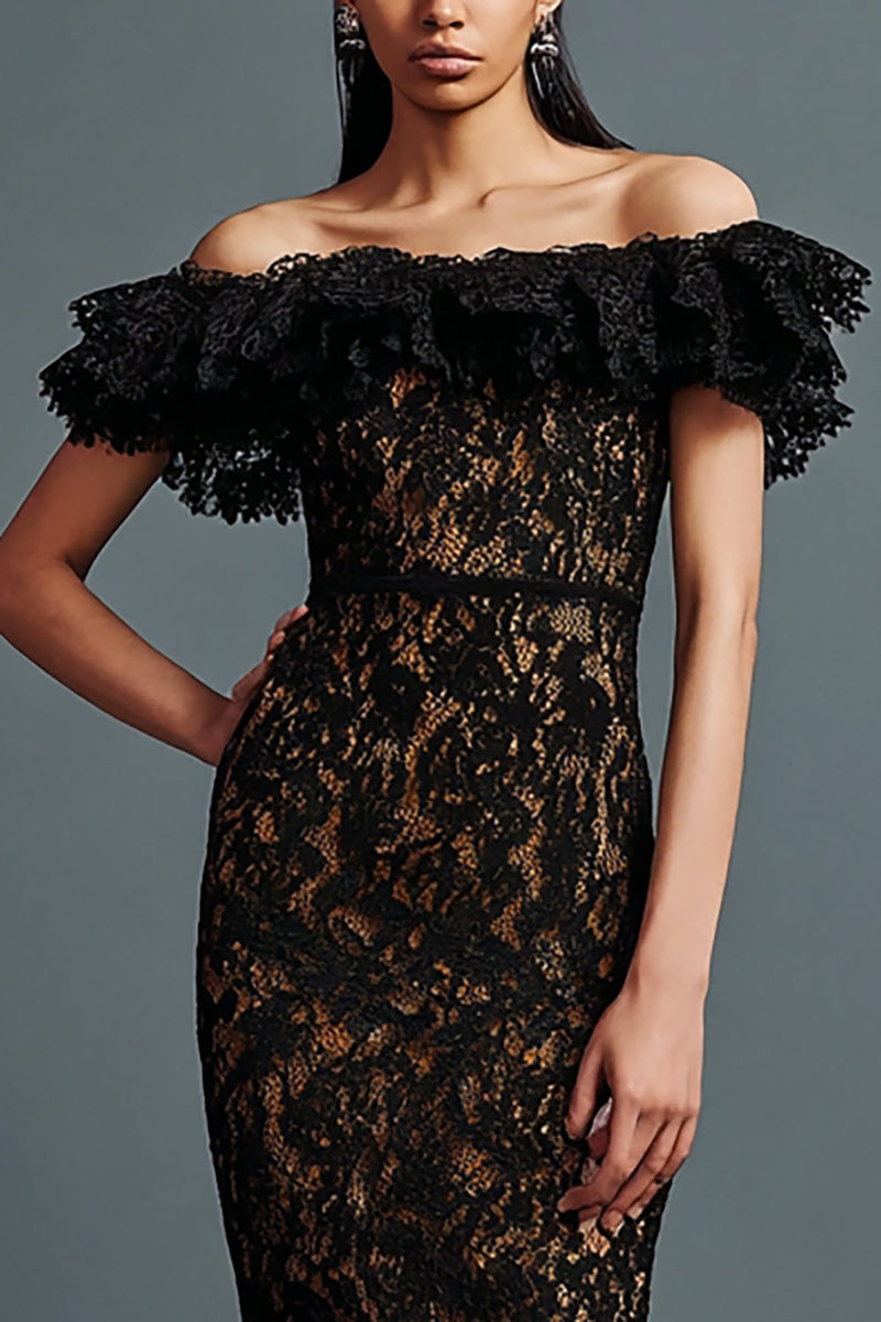 Load image into Gallery viewer, Black Mermaid Off the Shoulder Lace Long Formal Dress with Ruffles