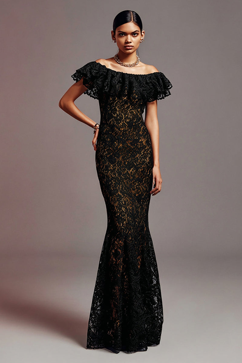 Load image into Gallery viewer, Black Mermaid Lace Off the Shoulder Long Formal Dress with Ruffles