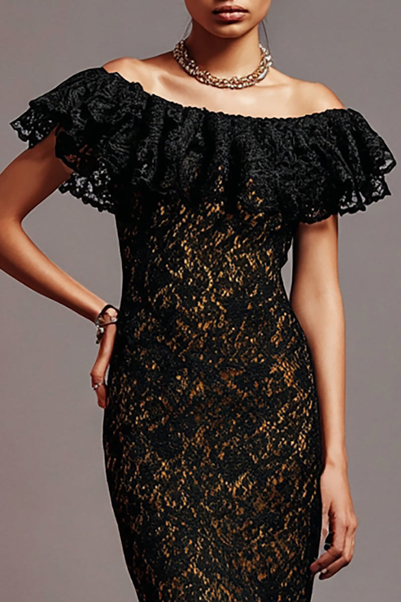 Load image into Gallery viewer, Black Mermaid Lace Off the Shoulder Long Formal Dress with Ruffles