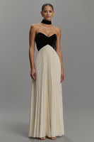 Load image into Gallery viewer, Black and White Neck Scarf Strapless Long Formal Dress with Pleats