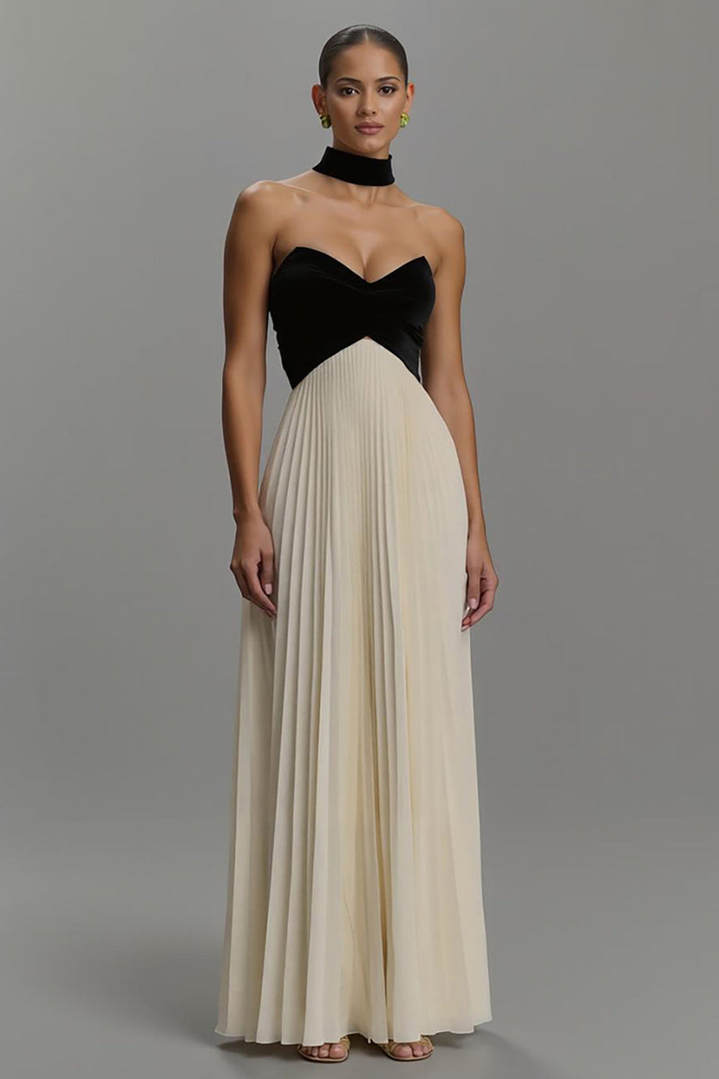 Load image into Gallery viewer, Black and White Neck Scarf Strapless Long Formal Dress with Pleats