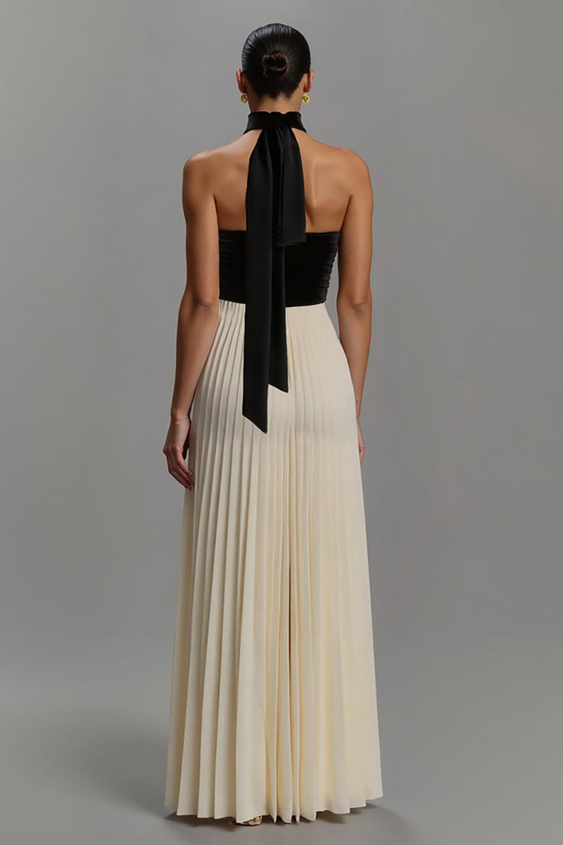 Load image into Gallery viewer, Black and White Neck Scarf Strapless Long Formal Dress with Pleats