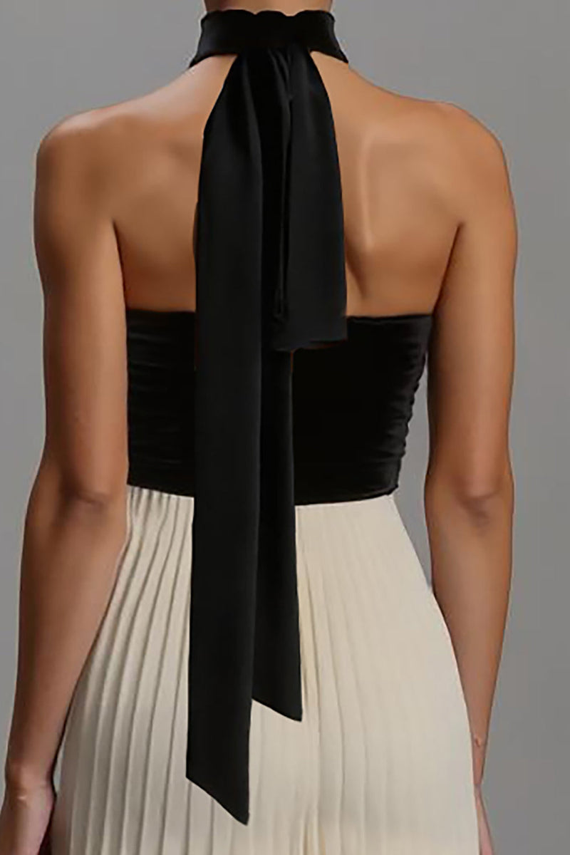 Load image into Gallery viewer, Black and White Neck Scarf Strapless Long Formal Dress with Pleats