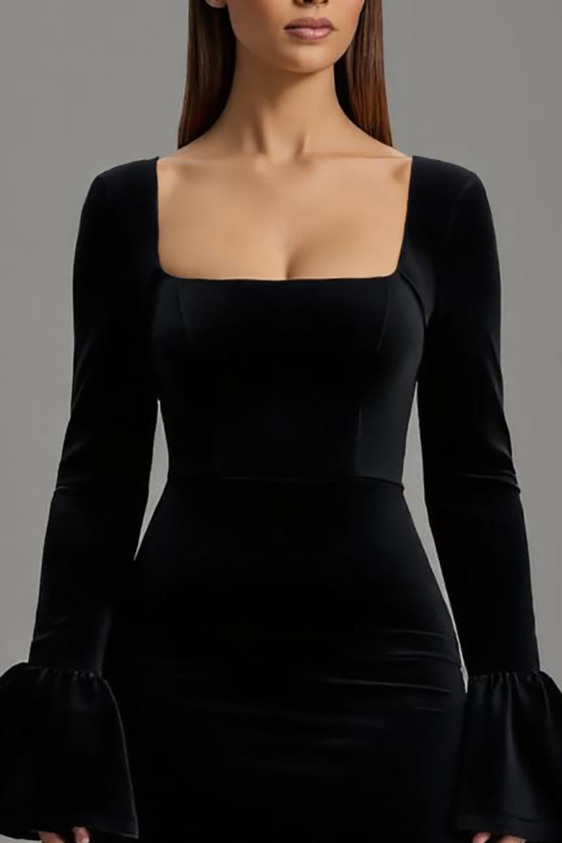 Load image into Gallery viewer, Black Velvet Sheath Square Neck Long Formal Dress with Sleeves