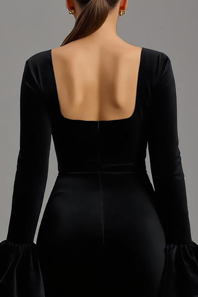 Load image into Gallery viewer, Black Velvet Sheath Square Neck Long Formal Dress with Sleeves