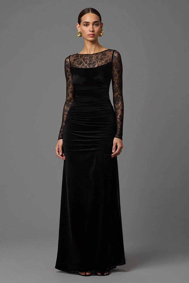 Load image into Gallery viewer, Black Sheath Velvet Illusion Neck Long Formal Dress with Sleeves
