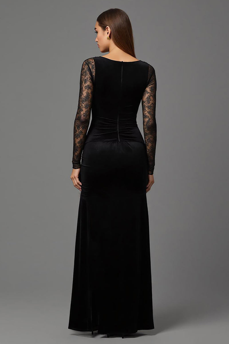 Load image into Gallery viewer, Black Sheath Velvet Illusion Neck Long Formal Dress with Sleeves