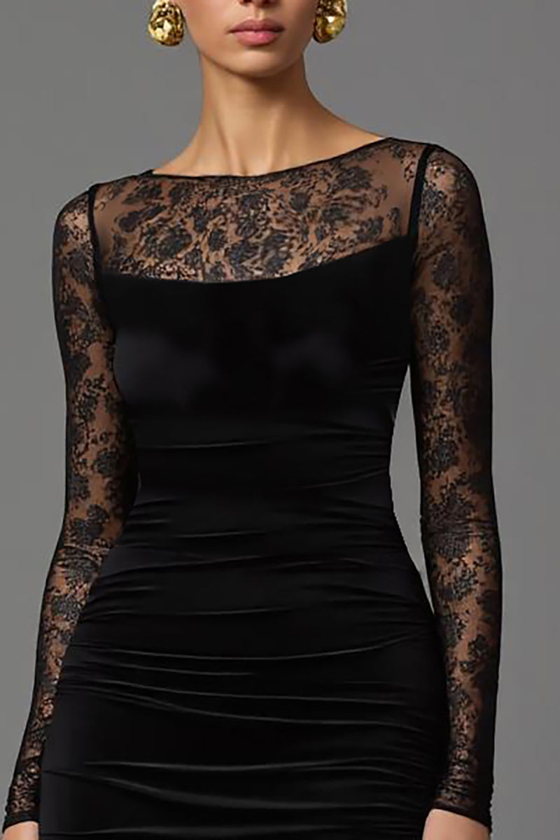 Load image into Gallery viewer, Black Sheath Velvet Illusion Neck Long Formal Dress with Sleeves