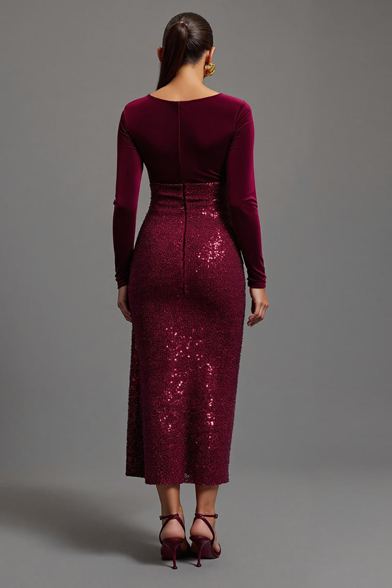 Load image into Gallery viewer, Sparkly Burgundy Sheath Sequins Long Sleeves Formal Dress with Slit