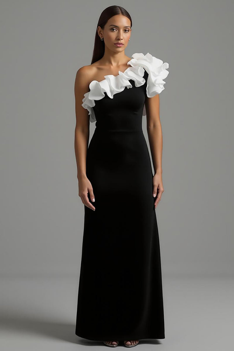 Load image into Gallery viewer, Black and White One Shoulder Ruffled Long Formal Dress