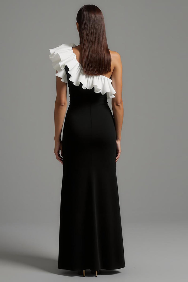 Load image into Gallery viewer, Black and White One Shoulder Ruffled Long Formal Dress