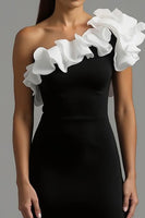 Load image into Gallery viewer, Black and White One Shoulder Ruffled Long Formal Dress