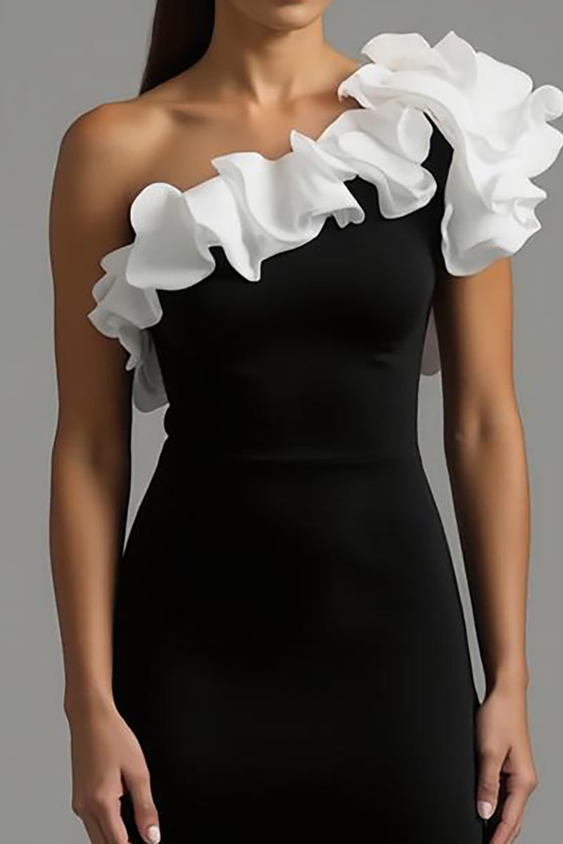 Load image into Gallery viewer, Black and White One Shoulder Ruffled Long Formal Dress