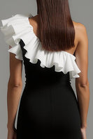Load image into Gallery viewer, Black and White One Shoulder Ruffled Long Formal Dress