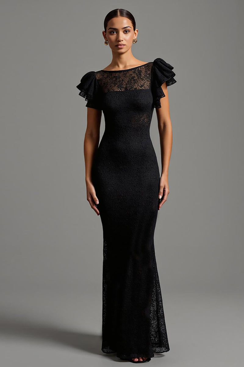 Load image into Gallery viewer, Black Lace Sheath Boat Neck Long Formal Dress with Ruffles