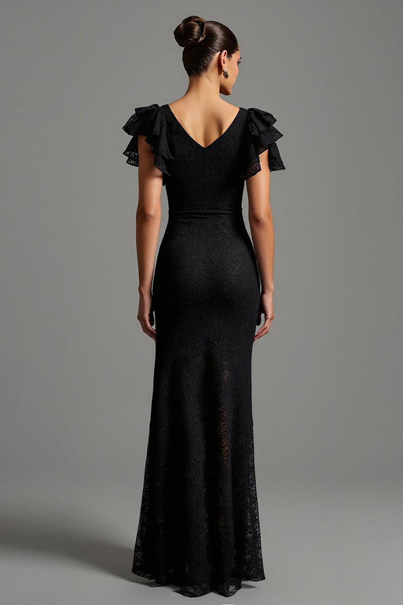 Load image into Gallery viewer, Black Lace Sheath Boat Neck Long Formal Dress with Ruffles