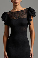 Load image into Gallery viewer, Black Lace Sheath Boat Neck Long Formal Dress with Ruffles
