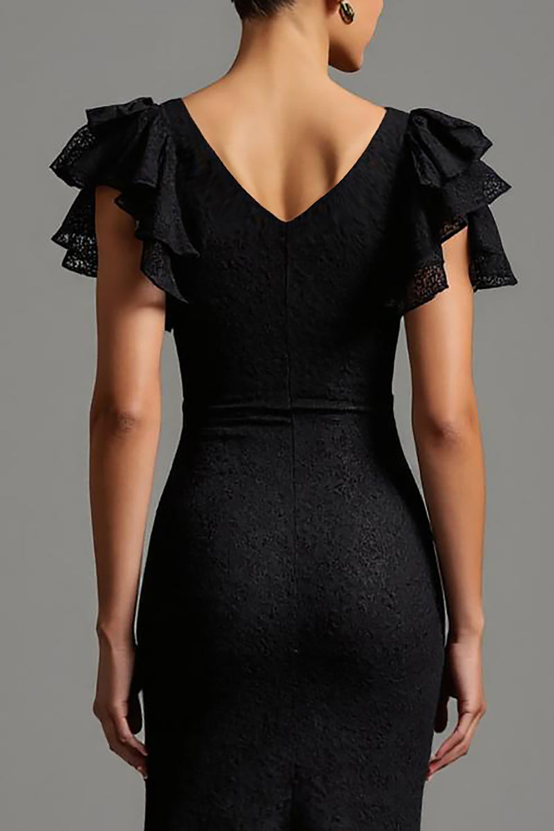 Load image into Gallery viewer, Black Lace Sheath Boat Neck Long Formal Dress with Ruffles