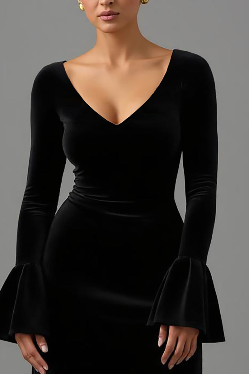 Load image into Gallery viewer, Black Sheath Velvet V Neck Long Formal Dress with Sleeves