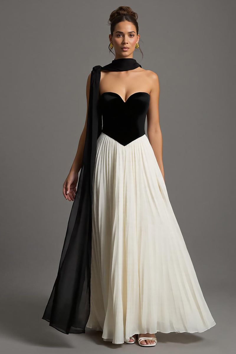 Load image into Gallery viewer, Black and White Chiffon A Line Sweetheart Pleated Long Formal Dress