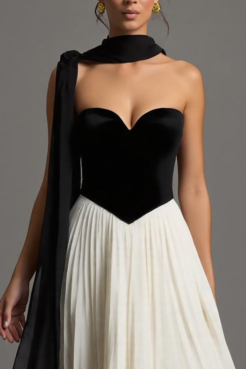 Load image into Gallery viewer, Black and White Chiffon A Line Sweetheart Pleated Long Formal Dress