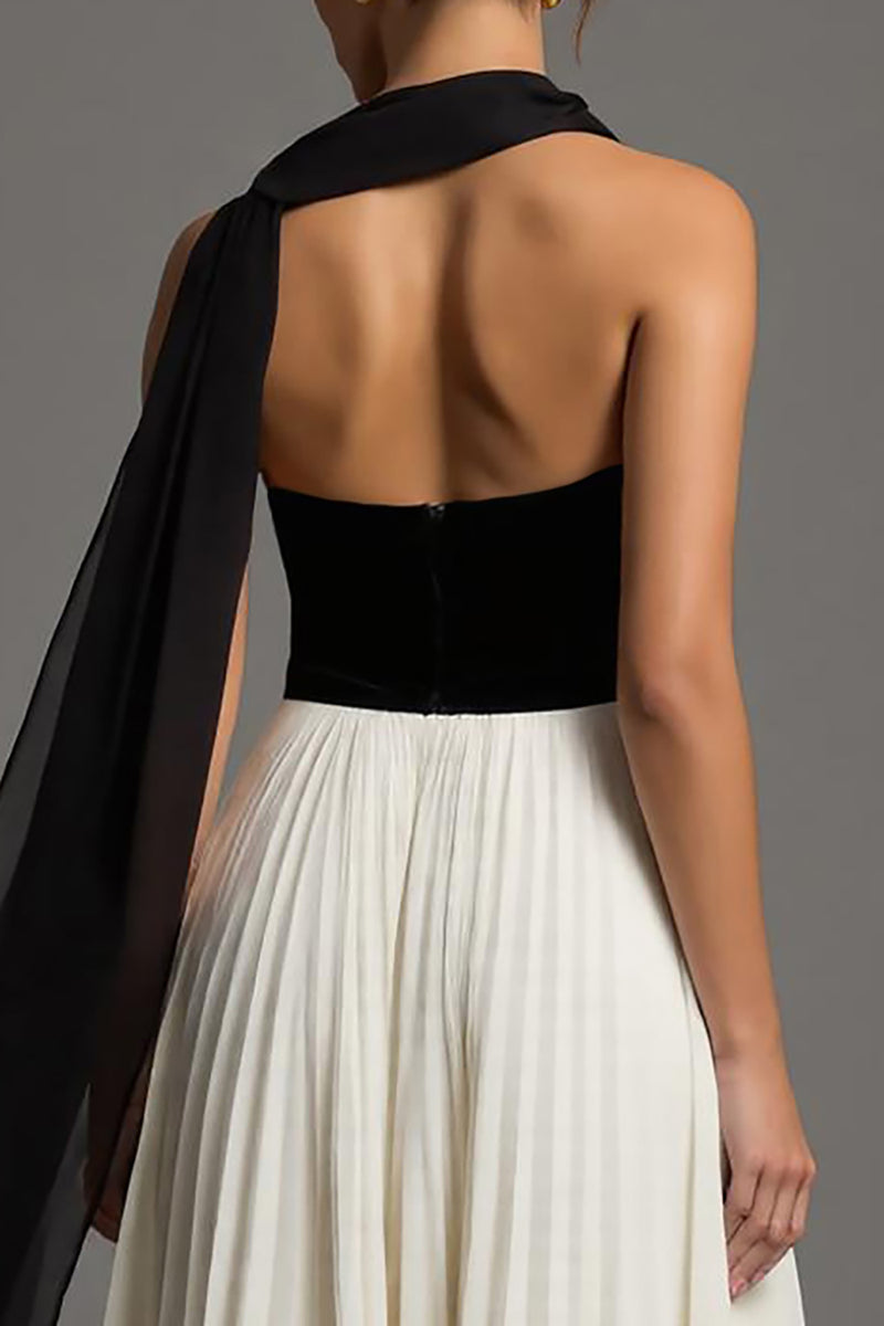 Load image into Gallery viewer, Black and White Chiffon A Line Sweetheart Pleated Long Formal Dress