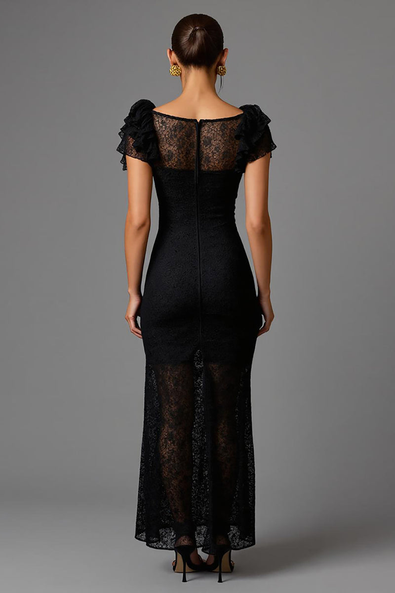 Load image into Gallery viewer, Black Sheath Lace Boat Neck Long Formal Dress with Ruffles