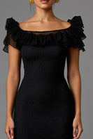 Load image into Gallery viewer, Black Sheath Lace Boat Neck Long Formal Dress with Ruffles