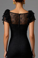 Load image into Gallery viewer, Black Sheath Lace Boat Neck Long Formal Dress with Ruffles