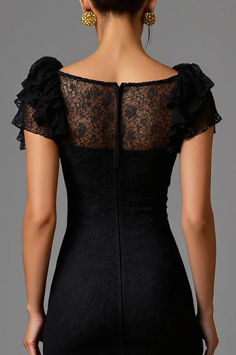 Load image into Gallery viewer, Black Sheath Lace Boat Neck Long Formal Dress with Ruffles