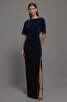 Load image into Gallery viewer, Navy Velvet Sheath Bateau Neck Long Formal Dress with Slit