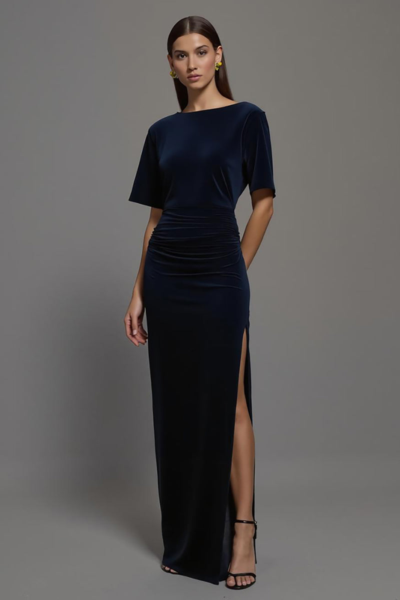 Load image into Gallery viewer, Navy Velvet Sheath Bateau Neck Long Formal Dress with Slit