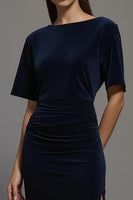 Load image into Gallery viewer, Navy Velvet Sheath Bateau Neck Long Formal Dress with Slit