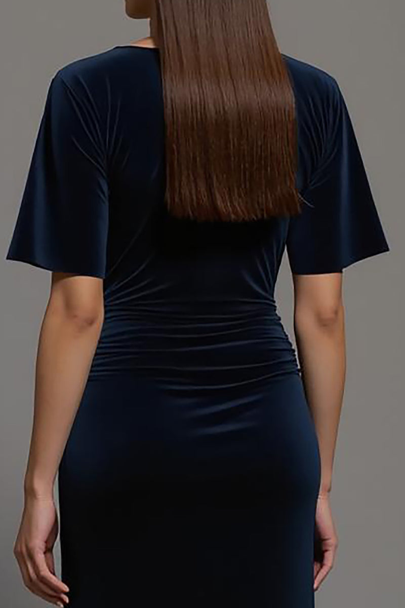 Load image into Gallery viewer, Navy Velvet Sheath Bateau Neck Long Formal Dress with Slit