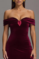 Load image into Gallery viewer, Burgundy Velvet Sheath Off The Shoulder Long Formal Dress with Slit
